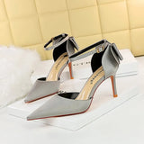 Breakj Korean Version Of Delicate High Heels Satin Hollow Shallow Mouth Tip With Hollow Bow Female