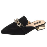 Shoes Mules For Women 2024 Ladies' Slippers Rivet Cover Toe Butterfly-Knot Low Square heel Loafers Flock New Pointed