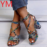 Women Summer Sandals Snakeskin Cross Square Heel Open Toe Leather Heels Pumps Shoes Female Fashion Gladiator Ankle Strap