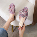 Crystal Ladies Slippers Mules Slides Slippers Women Shoes Bow Knot Square toe Square Flat Shoes Woman