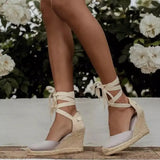 Breakj Summer New Large-Size Slopes And Women's Sandals Thick-Soled Buns Heel Heel Heel Tie Cloth Hemp Rope Sandals