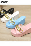 Women Slippers Flip Flop for Ladies Round Head Open Toe Casual Outdoor Female Wedge Chain High Heel 2023 New Large Size