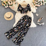Summer Women Holiday Style Chiffon Printing Two Piece Set Short Shirt High Waist Wide Leg Pants Ladies Idyllic Style