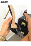 Summer Women Slippers Snake Print Strappy Mule High Heels Slippers Sandals Flip Flops Pointed Toe Slides Party Shoes