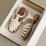 Retro Gladiator Sandals Women Cut Out Knitted Leather Shoes Ladies Ankle Strap Slippers Weave Sandalias Mujer