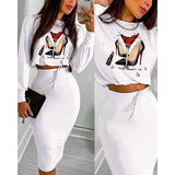 Commute Women Casual Printed Long Sleeves T-shirt Skirt Two Piece Set Autumn Elegant High Waist Office Lady Vestidos Set