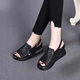 Summer Wedge Shoes for Women Sandals Open Toe Platform Hollow Flowers Retro Lady High Heel Buckle Strap Casual Female