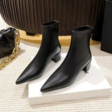 2023 New Korean Version Of Pointed Ankle Boots Thick Heel Rear Zipper Middle Heel Martin Boots Fashion Fashion Women's