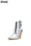 Gold Snake Print Ankle Boots For Women Wedge High Heels Boots Woman Runway Design Chunky Heels Botas Mujer Western