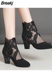 for Women 2023 High Quality Lace Flower Ankle Strap Hollow Out Sandals Round Toe Zip Women's High Heels Zapatos De