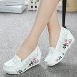 Women's Genuine Leather Platform Shoes Wedges White Lady Hollow printing Casual Shoes Swing mother Shoes Size