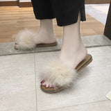 whit fur slippers Summer shoes women Fashion Sweet Open toe flat Slides Slip-On home Slipper comfortable platform flip