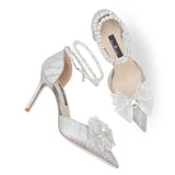 Breakj Shoes Women's Pearl Straps High-End Squint Crystal Shoes Silver French High Heels High Heels Do Not Tired Wedding