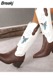 Western Women Boots Brand Chunky Heeled Autumn Retro Embroider White Cowboylid Calf Long Boots Lady Big Size Shoes