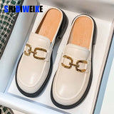 Leather Women's Summer Closed Toe Slippers Outer Wear Ladies Fashion Slip on Mules Shoes Low Heel Platform Beach