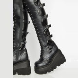 Over-the-knee Boots Women Platform Heels Belt Buckle Boot Motorcycle Goth Shoe Thigh High Flat Boots Plus Size 42