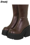 Chunky High Heeled Women Knee High Boots Fashion Cool Round Toe Cute Sweet Heeled Boots Gothic Uniform Dress