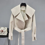 Autumn Women Pu Leather Jackets Short Coat Turndown Collar Belt Lace-up Motorcycle Black Punk Red Overcoat Female
