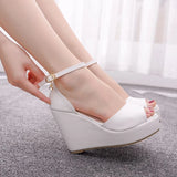 Shoes For Women Retro Open Toe Ankle Platform Beach White Sandals Plus Size Weave High Heels Buckle-Strap Roman