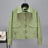 Women Green Faux Leather Jacket Batwing Sleeve Biker Coat Short Single Breasted Pu Motorcycle Loose Jacket