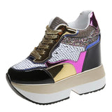 Breakj Women's Shoes Sequins Spell Color Belt Platform Inside Increased Ultra High Heel Casual Shoes Sports Shoes Women's