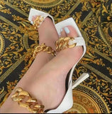 Square Toe Sandals Women Unique Thin High Heels Back Zip Open Toes Metal Chains Decor Runway Sandalias Big Plus Szie