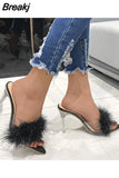 New PVC Shoes Slippers Women Hairy Transparent High Heels Fashion Sexy Pointed High Heels Ladies Slide Mules Women