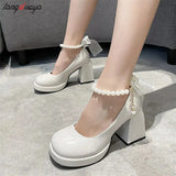 Ladies High Heels Elegant Bow Square Toe Black High Heels Fashion Thick Heel Wedding Party Pearl Lace Wedding Shoes