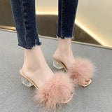 Shoes Transparent Crystal High Heels Woman Feather Fur Slippers Pumps Women Peep Toe Lady Cute Plush Slippers