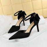 Breakj Korean Version Of Delicate High Heels Satin Hollow Shallow Mouth Tip With Hollow Bow Female