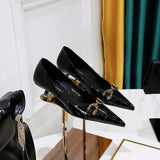 Breakj Women's Shoes Fine Heel With Shallow Mouth Pointed Retro Stone Grain Patent Leather Metal Leather Buckle Single