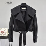 Autumn Women Pu Leather Jackets Short Coat Turndown Collar Belt Lace-up Motorcycle Black Punk Red Overcoat Female