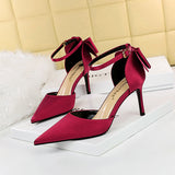 Breakj Korean Version Of Delicate High Heels Satin Hollow Shallow Mouth Tip With Hollow Bow Female