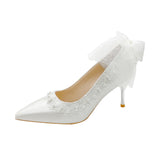 Breakj Bow High Heel Bridesmaids Shoes Pearl Fine Heel Temperament Banquet Shoes 2025 New Haute Couture