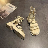 Sandals Woman Leather Low-heeled PU Rome Slides Fabric Hoof Heels Rubber Low Sandals Woman Leather Low-heeled Slides