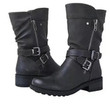 Women's Leather Boots Retro Belt Buckle Mid Calf Boots Round Toe 2021 Water Proof Casual Martin Boots Women Botas De