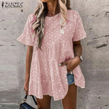 Bohemian Lace Patchwork Tops Women's Summer Blouses ZANZEA 2022 Casual Short Sleeve Blusa Female Hollow Peplum