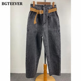 2021 Fashion Belted Harem Jeans Pants Women Vintage Ankle Length Denim Baggy Mom Jean Loose Washed Trousers