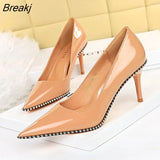 and American Fashion Sexy Women's Shoes Stiletto Heel Patent Leather Low-Cut Pointed-Toe Metal Beads Rivet