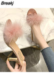 Woman Feather High Heels Pointed Toe Slippers Fashion Sandals Women Open Toe Pumps Slides White Pink Black Size