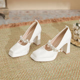 Square Head Thick Heel High Heels 2024 Spring French Pearl One Word Buckle Satin Wedding Shoes Bride