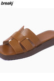 Size 34-40 Flats Slippers For Women Real Leather Low Heels Summer Shoes Woman 2023 Rome Slides Casual Platform