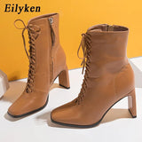 Size 35-42 Women Square Head Ankle Boots Fashion Cross Strap Square High Heels Winter Shoes Zipper Office Lady