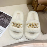 Fluffy Women slippers Gold Chain Fur slippers Shoes Women Fox Fur Flip Flop Flat Furry Fur Slides Outdoor Sandals