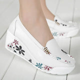 Women's Genuine Leather Platform Shoes Wedges White Lady Hollow printing Casual Shoes Swing mother Shoes Size