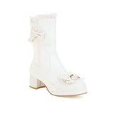 2021 Autumn Winter Cosplay Mid Long Boots Women Pink White Black Princess Ruffles Butterfly-knot Chunky Hees Lolita JK