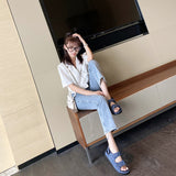 Hook&Loop Denim Sandals Women Double Band Open Toe Shoes Girls Students Summer Soft Leather Platform Sandalias Femmes
