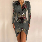 Vintage Leopard Printed Women Slim Party Dress Spring Autumn Ladies Elegant Irregular Dresses Sexy Deep V Neck Draped Slit