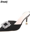 Female 2023 High Quality Mules Pumps Summer New Square Rhinestone Women Slippers Sexy Pointed Toe Thin Heels Party