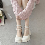 High Heels Mary Jane Shoes for Women 2023 Patent Leather Platform Pumps Woman Pearls Chain Thick-Heeled Shoes